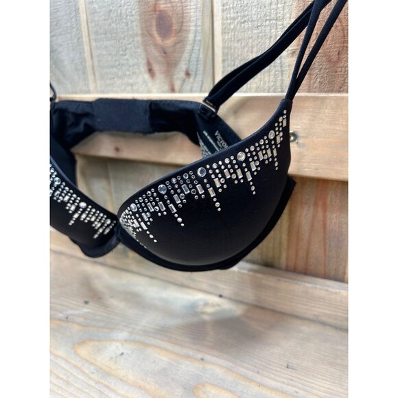Victorias Secret Very Sexy Push-Up Bra 32C Black With Rhinestone Embellishments - Picture 2 of 6